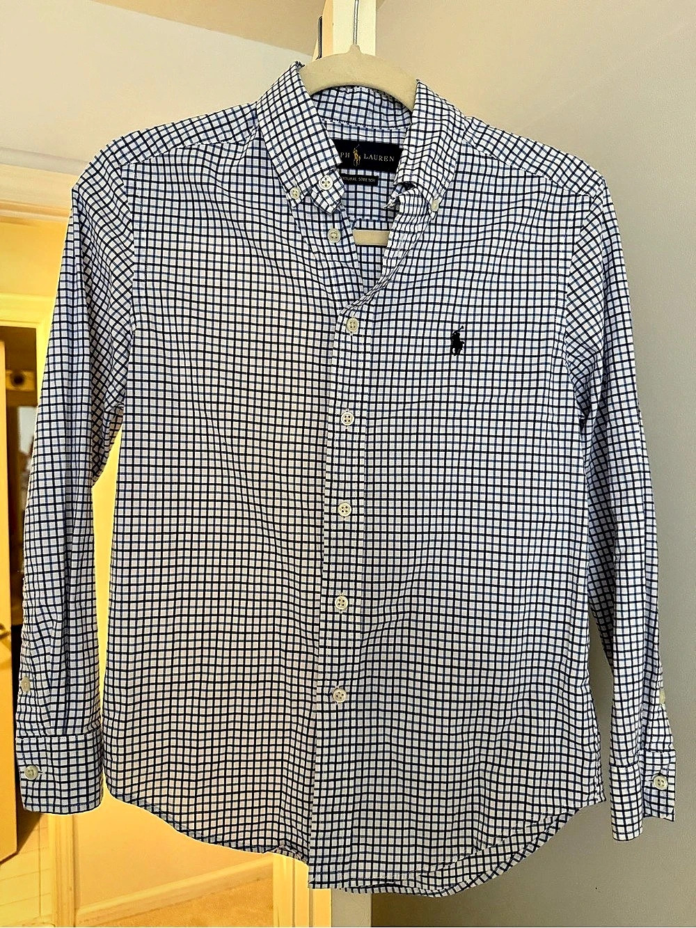 Ralph Lauren Boys Natural Stretch Grid Check Button-Down Shirt White & Blue Size